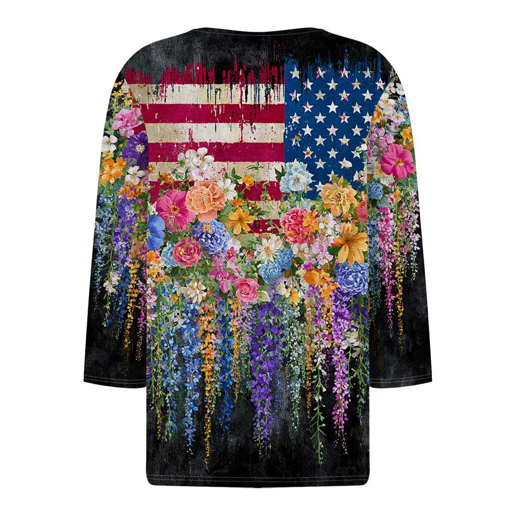 Women Casual V Neck Button Three Quarter Sleeve Top Floral Print Lightweight Loose Fit Blouse for Summer Autumn