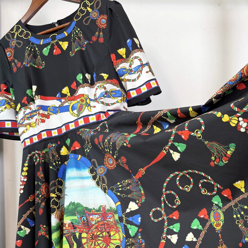 Marka Fashioni Letnia Vintage Sukienka Midi Damska Krótki Rękaw Okrągły Dekolt Empire Kwiatowy Wzór Długa Sukienka na Plażę Imprezę Wieczorową