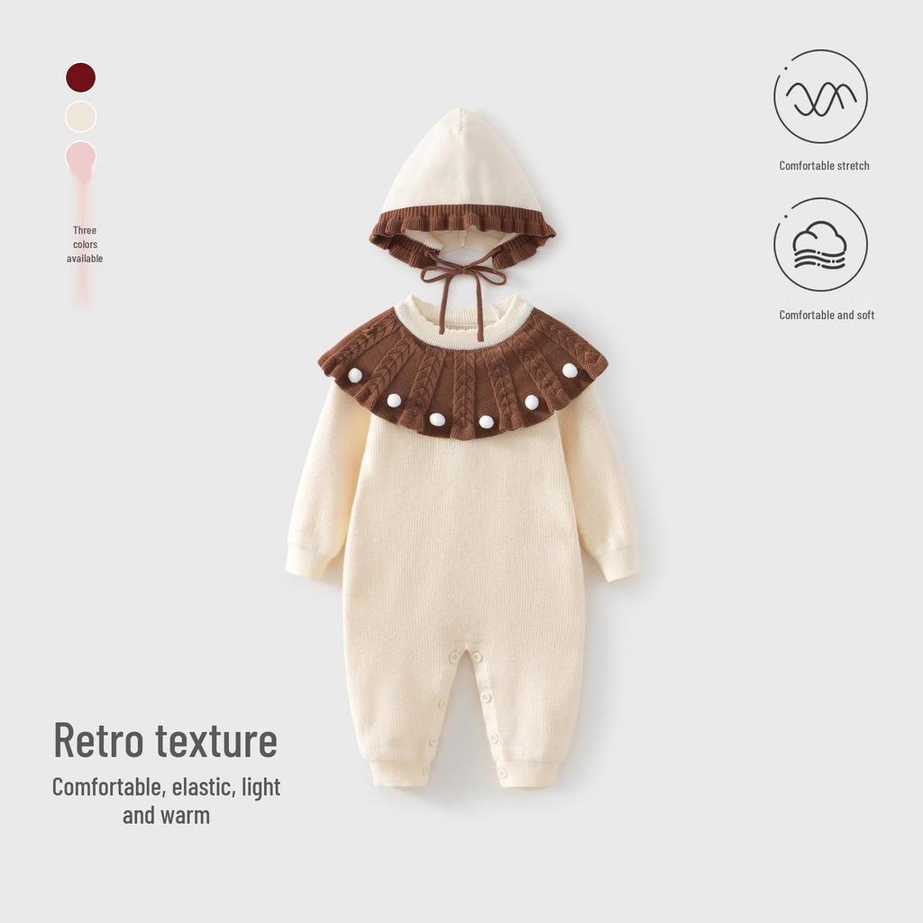 Newborn Baby Girl Knit Sweater Onesie - Autumn/Winter Princess Style Full Moon Bodysuit for 100 Days Celebration