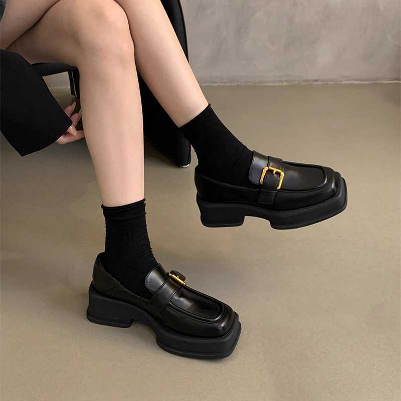 Height-Increasing Platform Single Shoes Women'S Spring Retro Square Head Thick Heel Small Leather Shoes