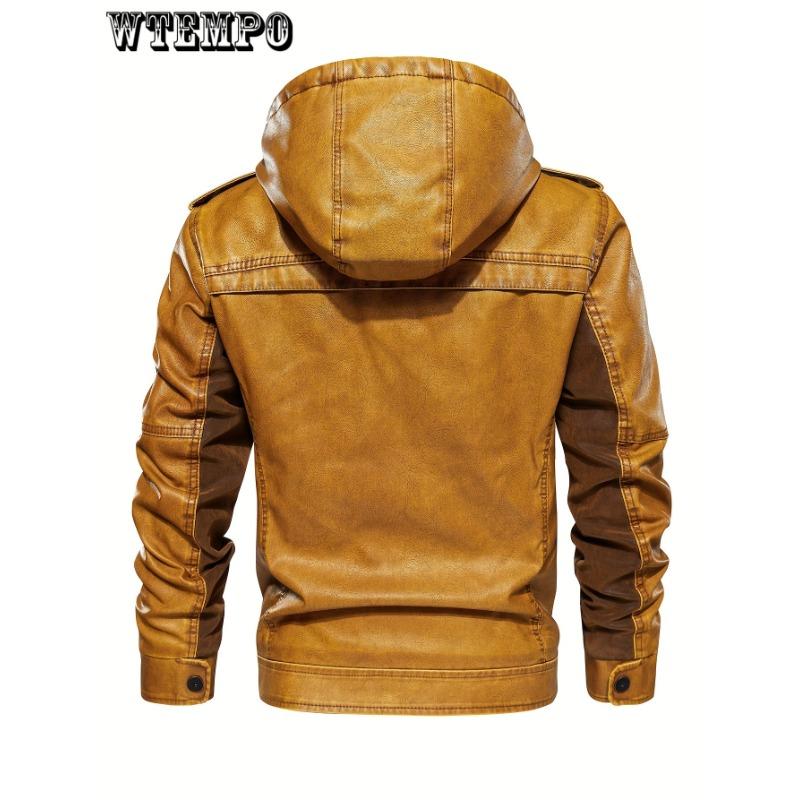 Men's Casual Windproof Faux Leather Jacket with Fleece Lining - Hooded, Zip-Up, Long Sleeve - for Fall/Winter -  Suitable for Outdoor Activities