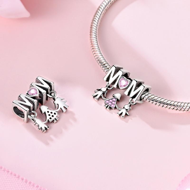 Mother's Day 925 Silver Charms Beads Love Mom Heart Charms Dangle for Bracelet Woman Jewelry Gifts
