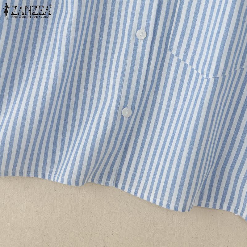 ZANZEA Women Turn Down Collar Summer Short Sleeve Stripe Blouse