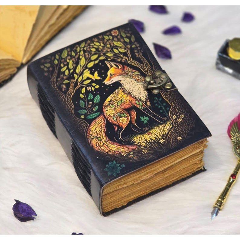 Fox Leather Journal | Handmade Vintage Diary with Lock | Woodland Notebook | Grimoire Journal | Book of Shadows