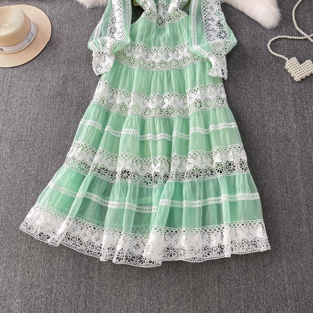 Vestidos de Noite de Baile de Outono de Designer de Luxo Vazados Bordados Para Mulheres Renda Patchwork Decote em V Manga Longa Lanterna Maxi Robe