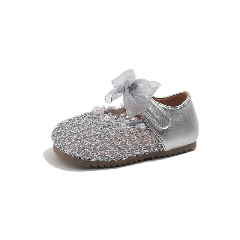 Sheer bow girls' princess shoes, lightweight and comfortable woven hollow-out small leather shoes, spring-summer casual single shoes