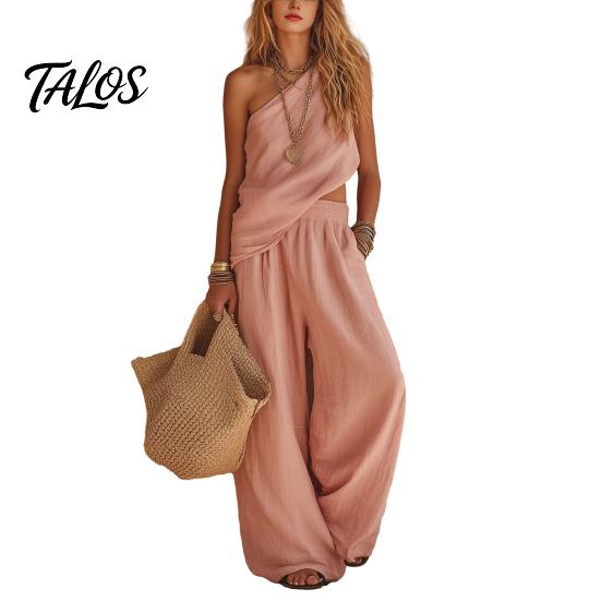 Talos Baumwoll-Leinen 2-teilige Sets für Damen, Ein-Schulter-Ärmelloses Oberteil mit Weitbeiniger Hose Passendes Set, Sommerurlaub Lounge Outfits