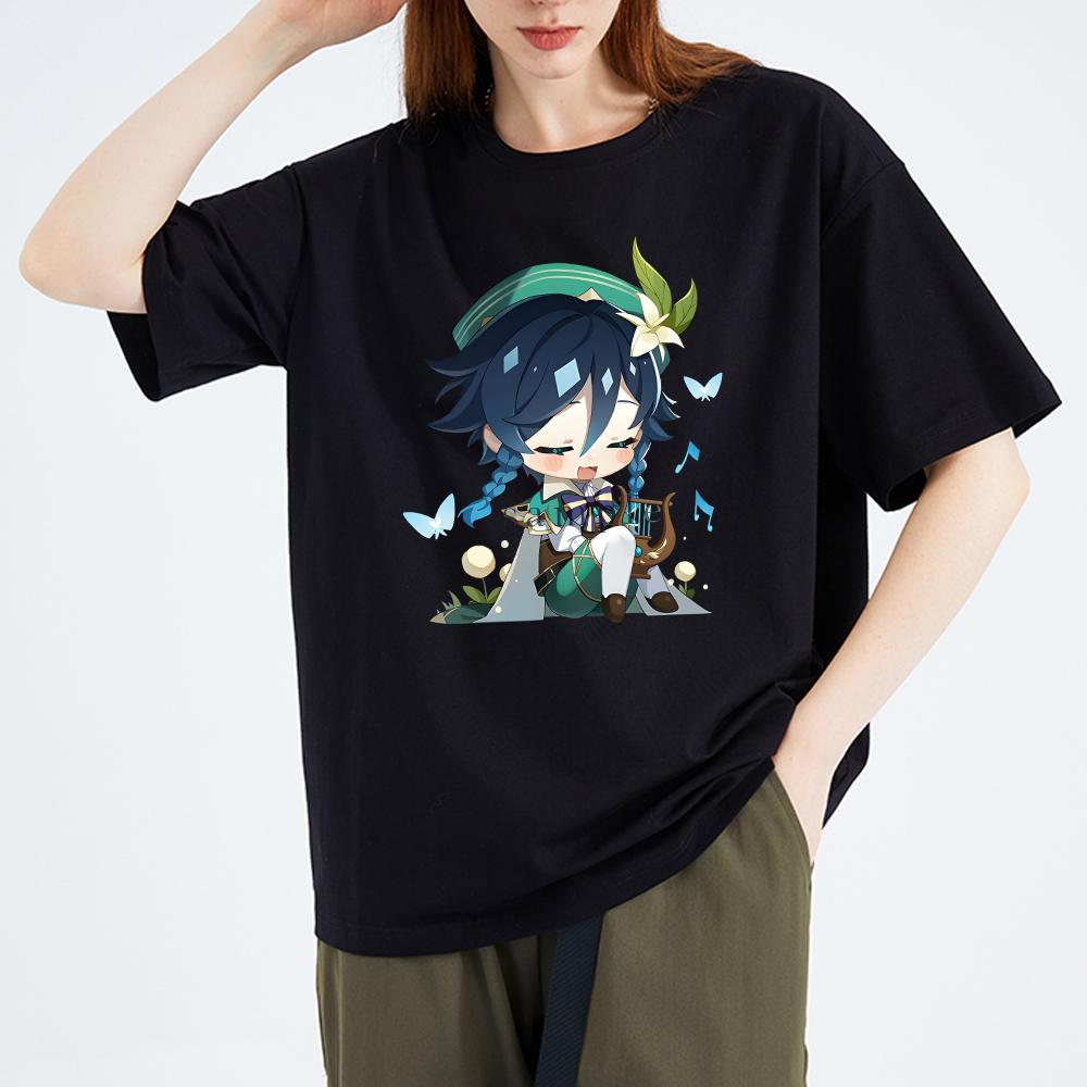 Genshin Impact Tshirt 100% Cotton T-shirt Kawaii Cartoon Clothes Women Fashion Tops Summer Short Sleeve Clothing Venti Print Tee