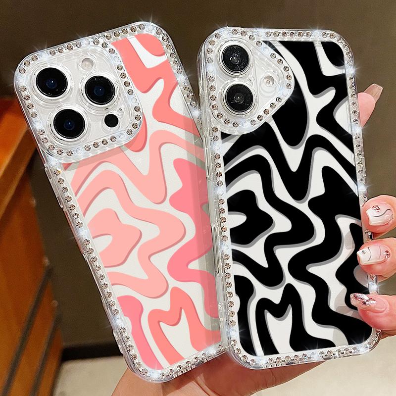 Stripe Pattern Soft TPU Clear Case For iPhone 16e 16 14 15 Pro Plus 13 12 Pro Max 11 Crystal Diamond Silicone Phone Cover Coque
