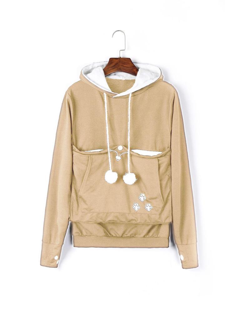 Embroidered Large Pocket Hooded Women's Sweatshirt - Autumn Thin Long-Sleeve
