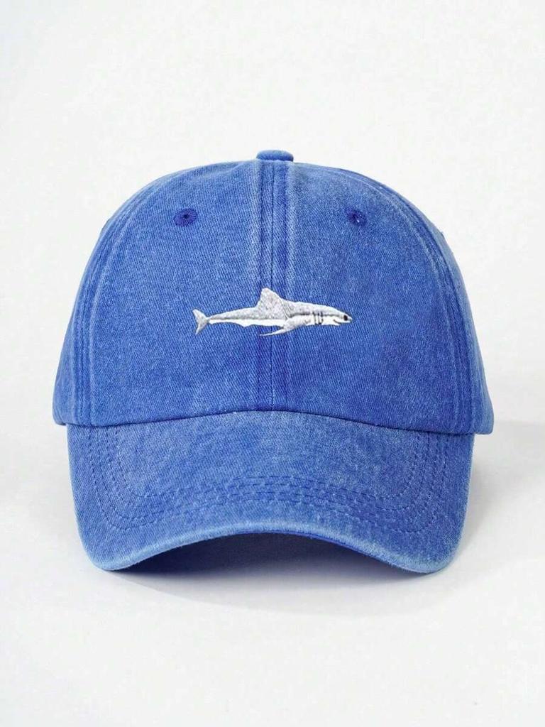 Washed Cotton Baseball Cap With Shark Embroidery, Adjustable Casual Dad Hat For Adults