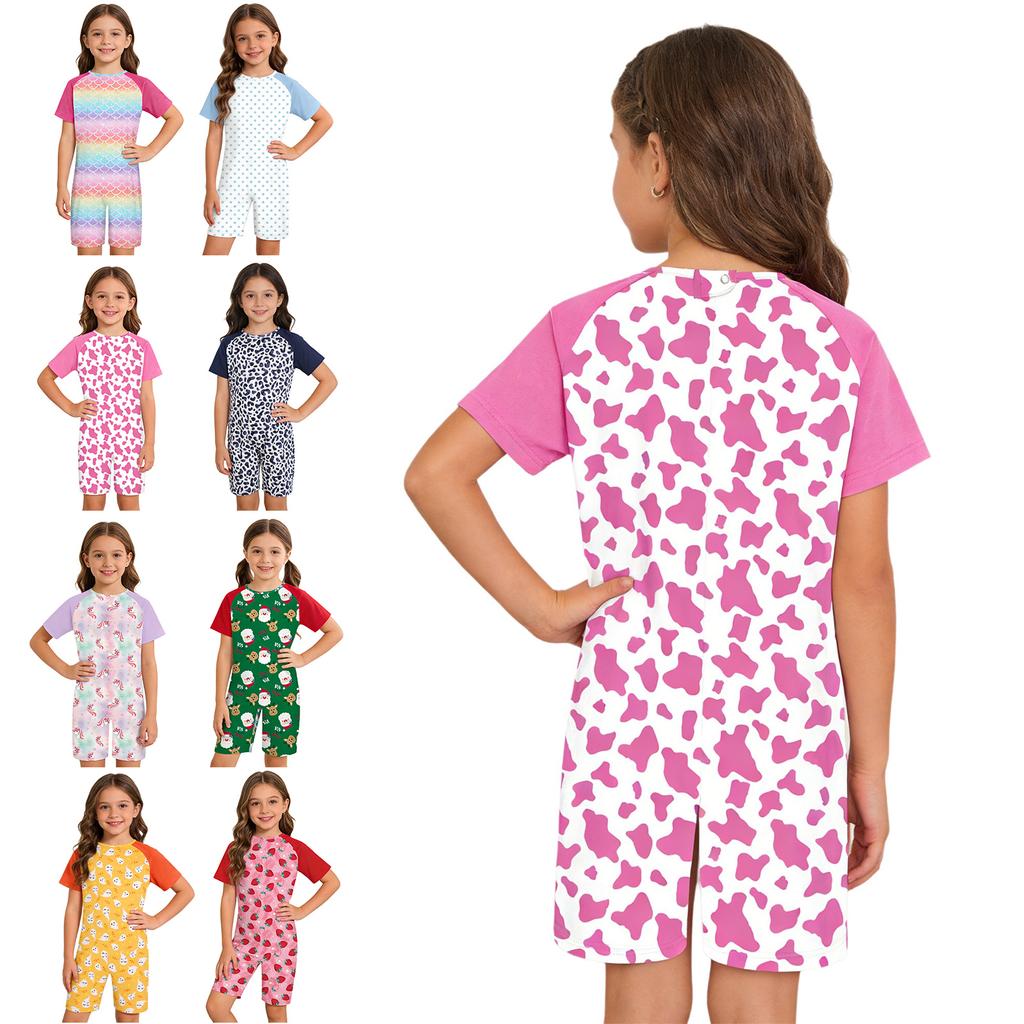 Tuta Intera Stampata Girocollo Manica Corta Anti-Strisce Unisex per Bambini Adattiva con Zip Invisibile Posteriore per Esigenze Speciali