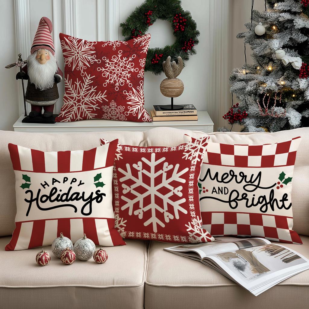 1/4Pcs Red Christmas Pillowcase, Multi Shaped Snowflake Cushion Cover, Holly Leaf Christmas Greeting Design, Party Decoration