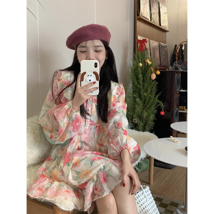 Autumn French doll collar floral dress new niche chic design skirt loose short skirt women S