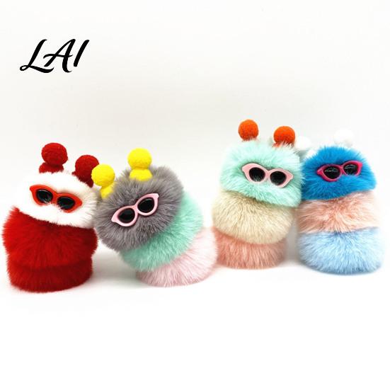 Women Animal Pendant Plush Sunglasses Caterpillar Keychain Soft Backpack Purse Fluffy Handbags Bag Charm Colorful Stuffed Keyring