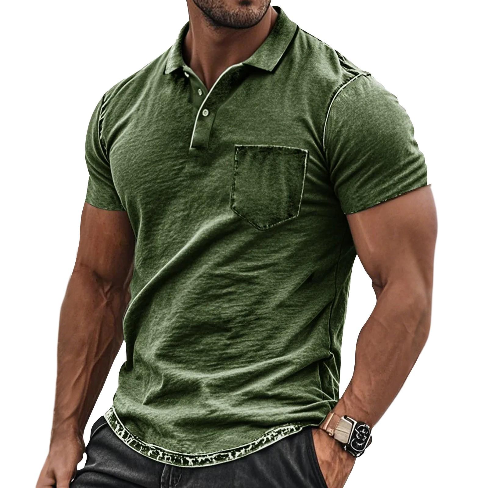 

Мужская летняя ретро винтажная однотонная спортивная футболка с пуговицами и карманом XL