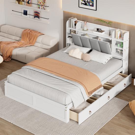 Modular Bed Double Bed, Open Shelf, Three Drawers with Castors, Metal Adult Handles, Storage Compartment Drop-Down Door, Pine Frame Soft