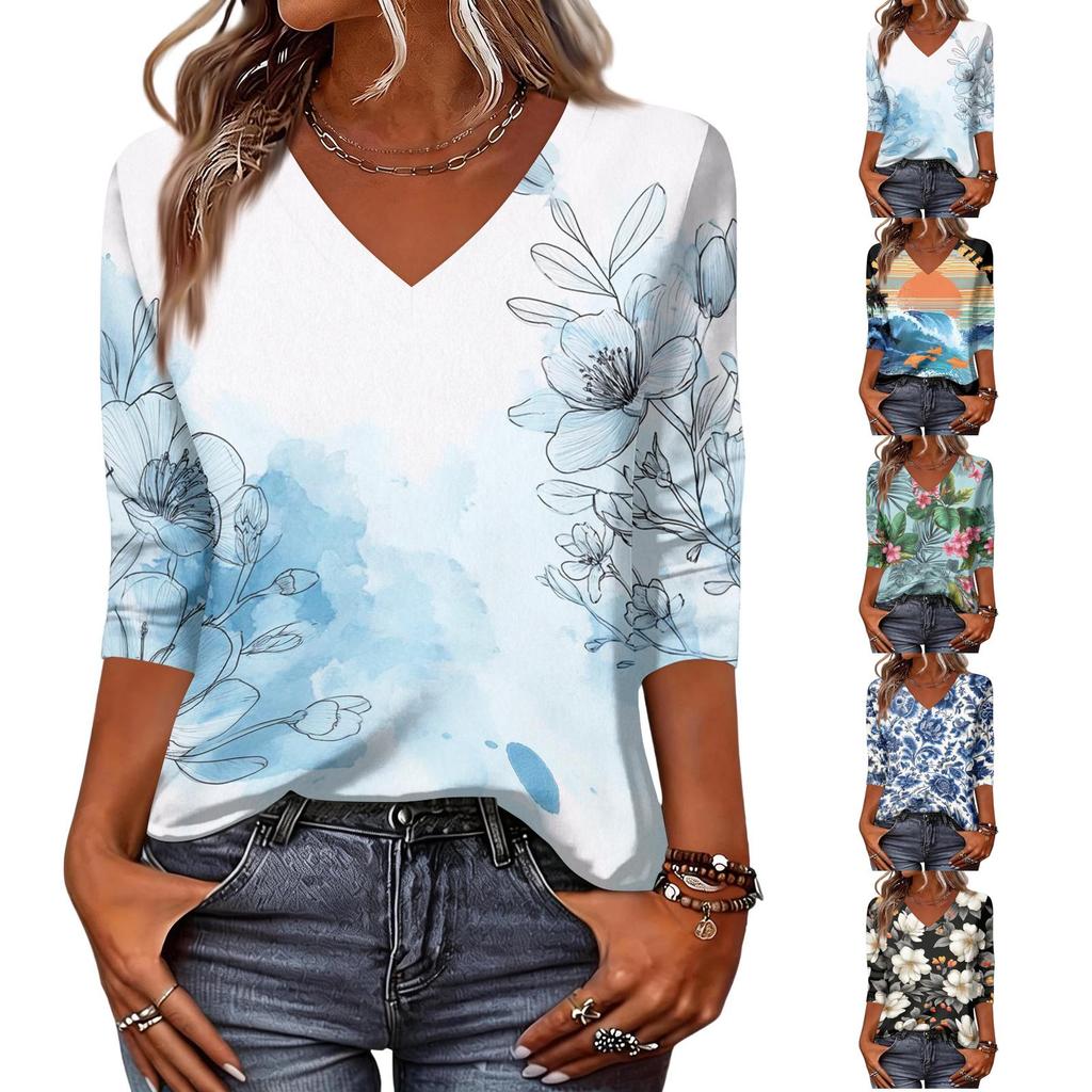 Women V Neck Blouse 3/4 Sleeve Loose Fit Casual Shirt Floral Print Lightweight Top for Everyday Wear