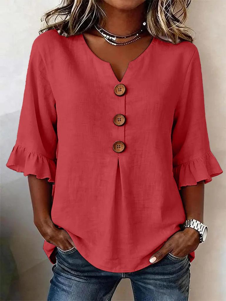 2026 Summer European & American Women's V-neck Cotton Linen Fashion Shirt