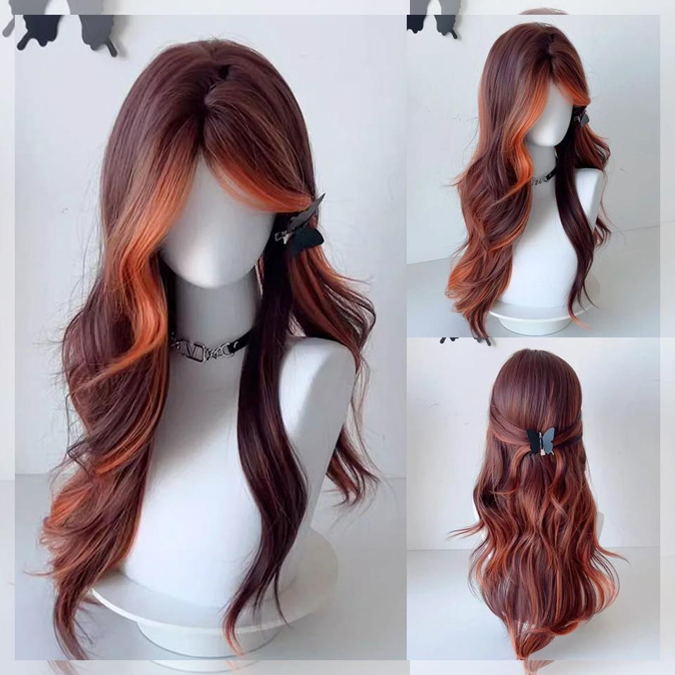 Red Fox Highlights Long Synthetic Wig Female Lolita Daily Red-brown Highlights Dirty Orange Bangs Big Wave Party Wig