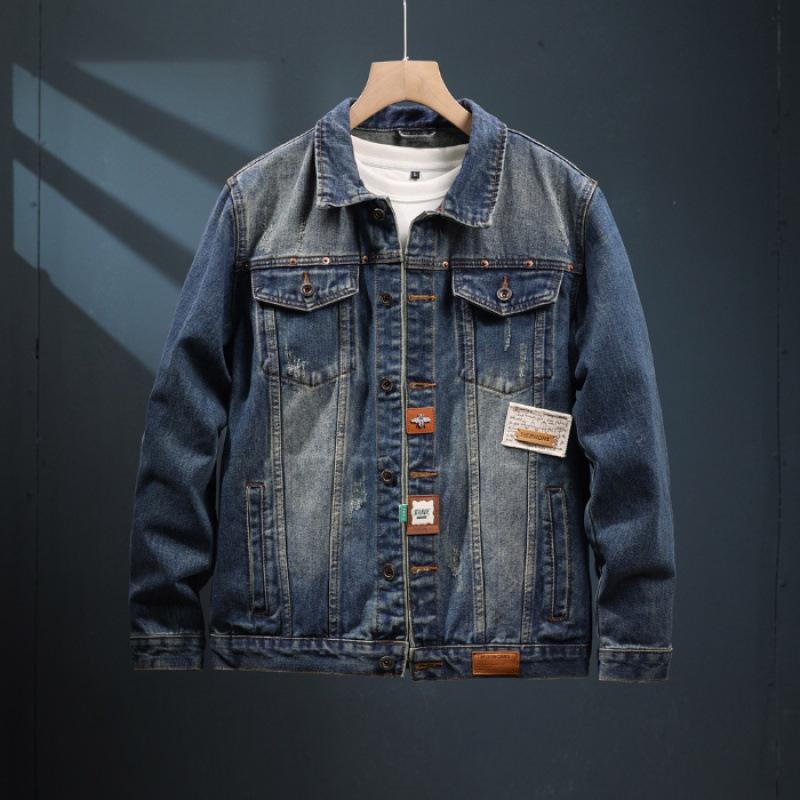 

2024 Ретро-принтованная джинсовая куртка - мужская модная рабочая одежда весна/осень 2XL синий