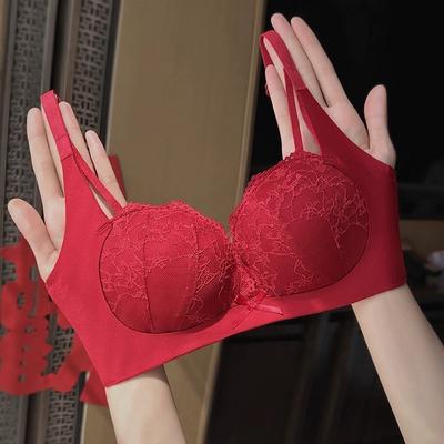 Red Underwear Women's Small Breasts Gather Sexy and Show Big Lace Panties Wedding Bride Bra Natal Year