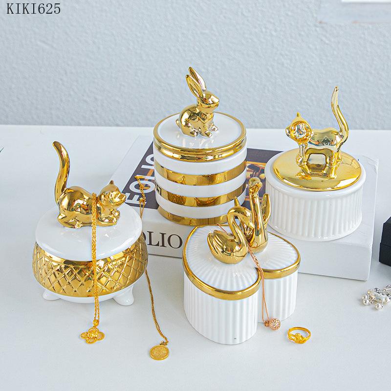 Creative Ceramic Jewelry Storage Jar Electroplating Golden Animal Cover Wedding Candy Gift Box Household Mini Sealed Jar Decor