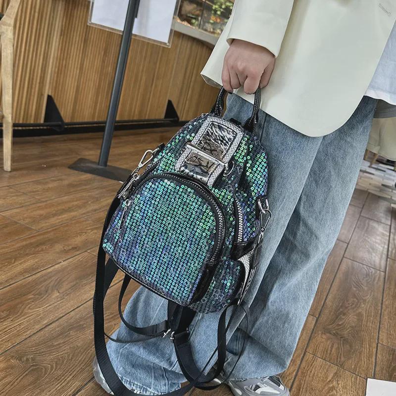 2023 Women's Versatile Western-Style Sequined Backpack – Trendy, Multi-Purpose, Small Size, Broad Strap Messenger Bag