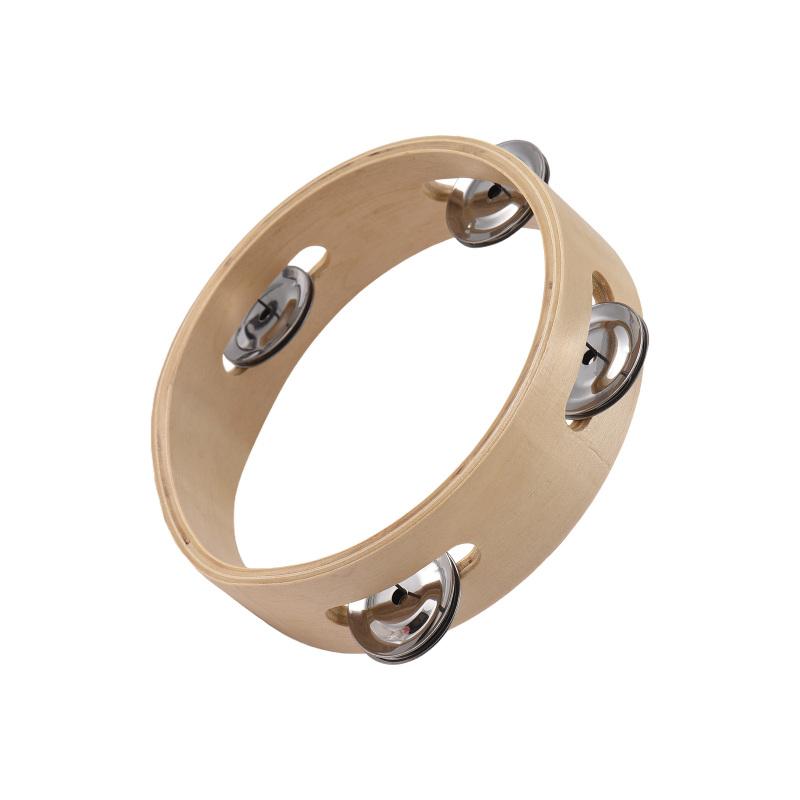 6 Inch Tambourine for Adults Pleasant Jingle Sound Hand Cranked Bell Rings Wooden Natural Color