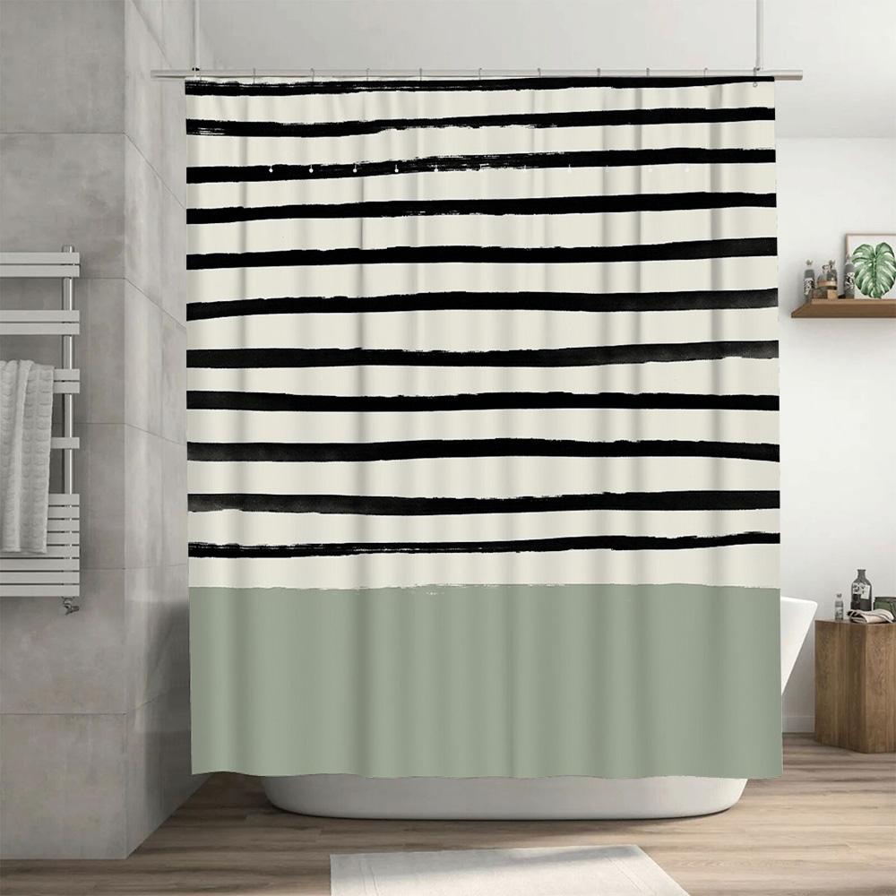 Modern Black And White Stripe Shower Curtain Abstract Minimalist Bathroom Decor Waterproof Liner Set Washable Fabric