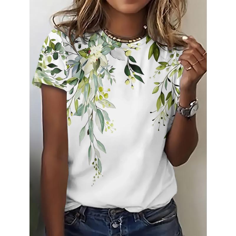 

Summer New Women s Short-sleeved T-shirt, Fresh Watercolor Style Green Leaves and Vines, Light Green and Dark Green Intertwined S