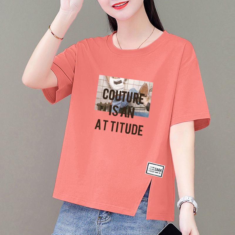 

Женская летняя футболка с коротким рукавом и разрезом в корейском стиле из чистого хлопка M