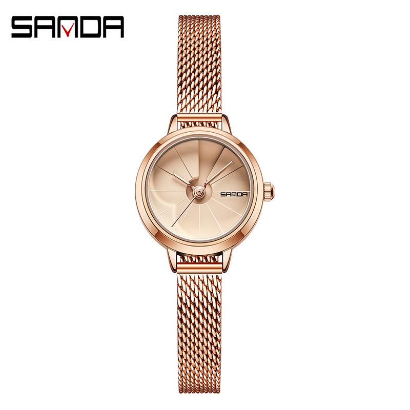 Sanda Women's Waterproof Quartz Wristwatch – Simple Round Dial, Leather & Mesh Strap, Lightweight & Stylish.