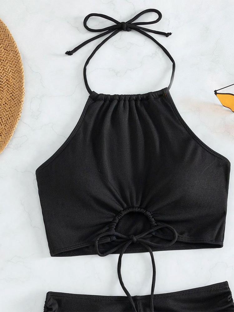Femei Cămăși solide Costume de baie Seturi lenjerie de corp Topuri halter cu șnur Chiloți mini cu volane Lenjerie casual Costume bikini