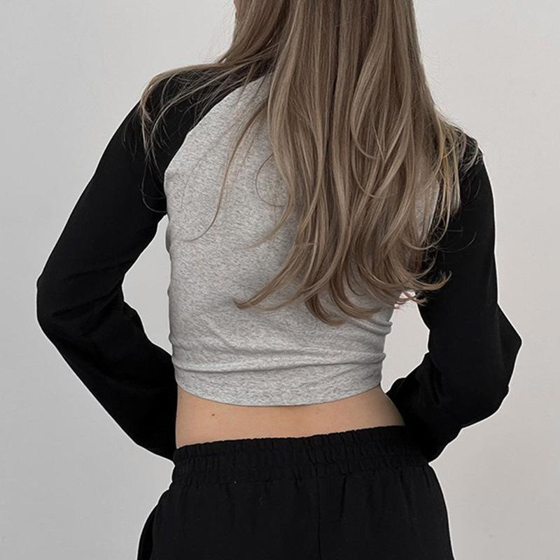 European and American Autumn and Winter Women's Street Letter Printed Contrasting Long Sleeved Crop Top T-shirt Round Neck Basic Top