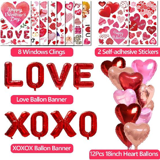 WOHOHOHO 181Pcs Valentines Day Window Clings Decorations, 10 Sheets Valentine's Day Window Stickers, LOVE & XOXO Banner, 12Pcs Heart-Shaped Balloons.