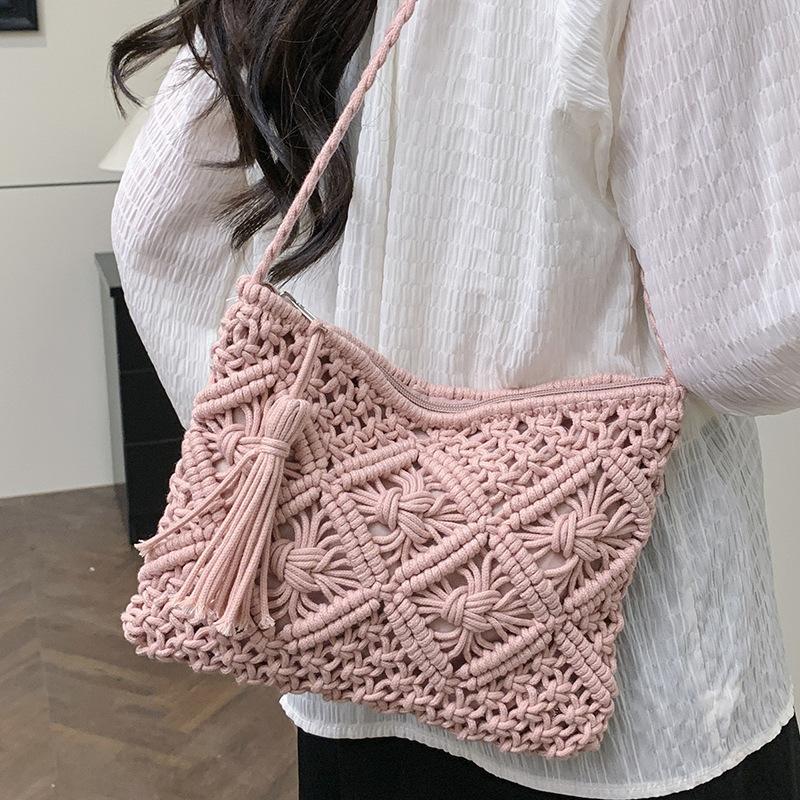 Sommer neue handgefertigte Baumwollseil Fransen gewebte Tasche Schulter Strohtasche lässig schräg Damenhandtasche