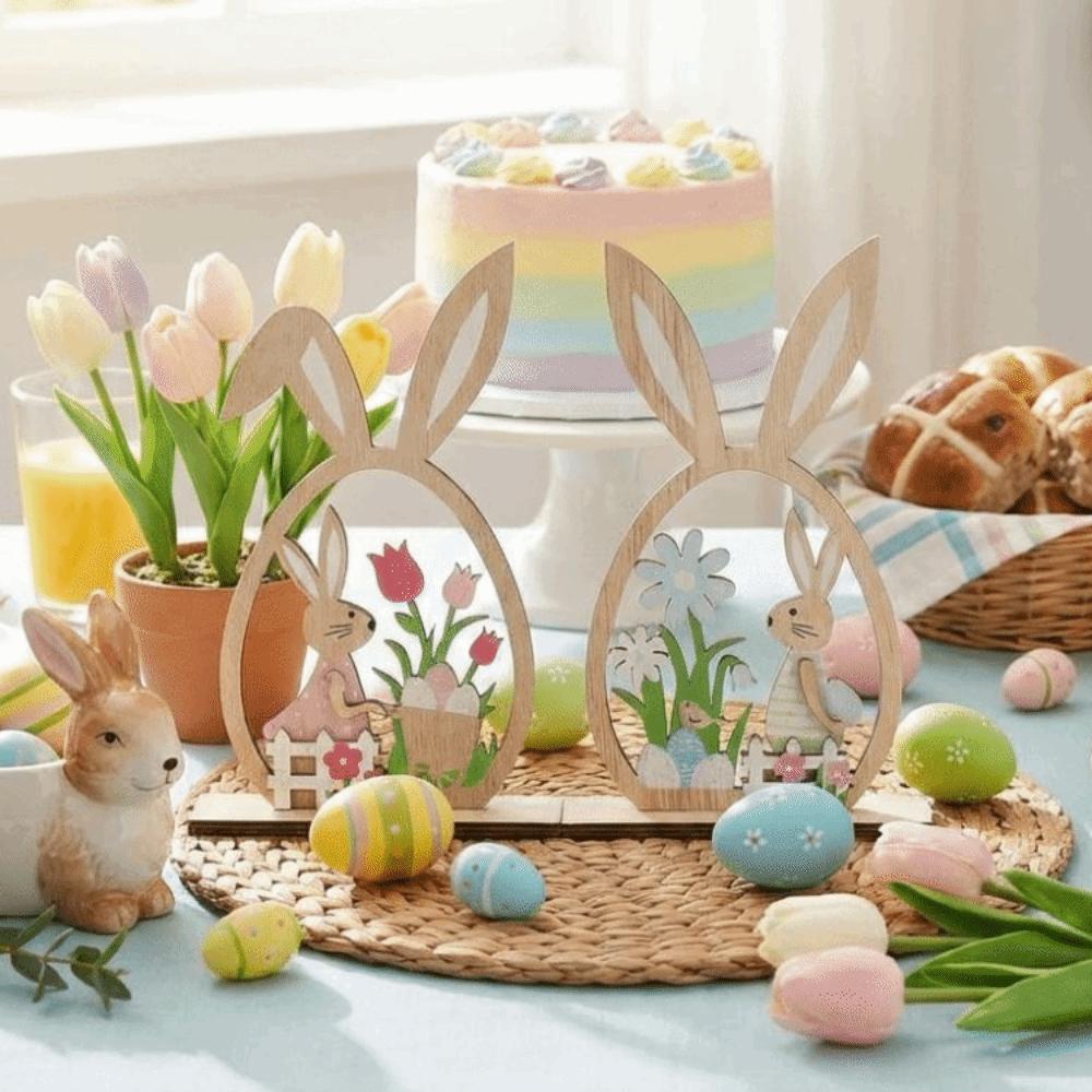 2Pcs Farmhouse Rustic Wooden Easter Rabbit Hand-Painted Easter Table Decor  Table Mantel