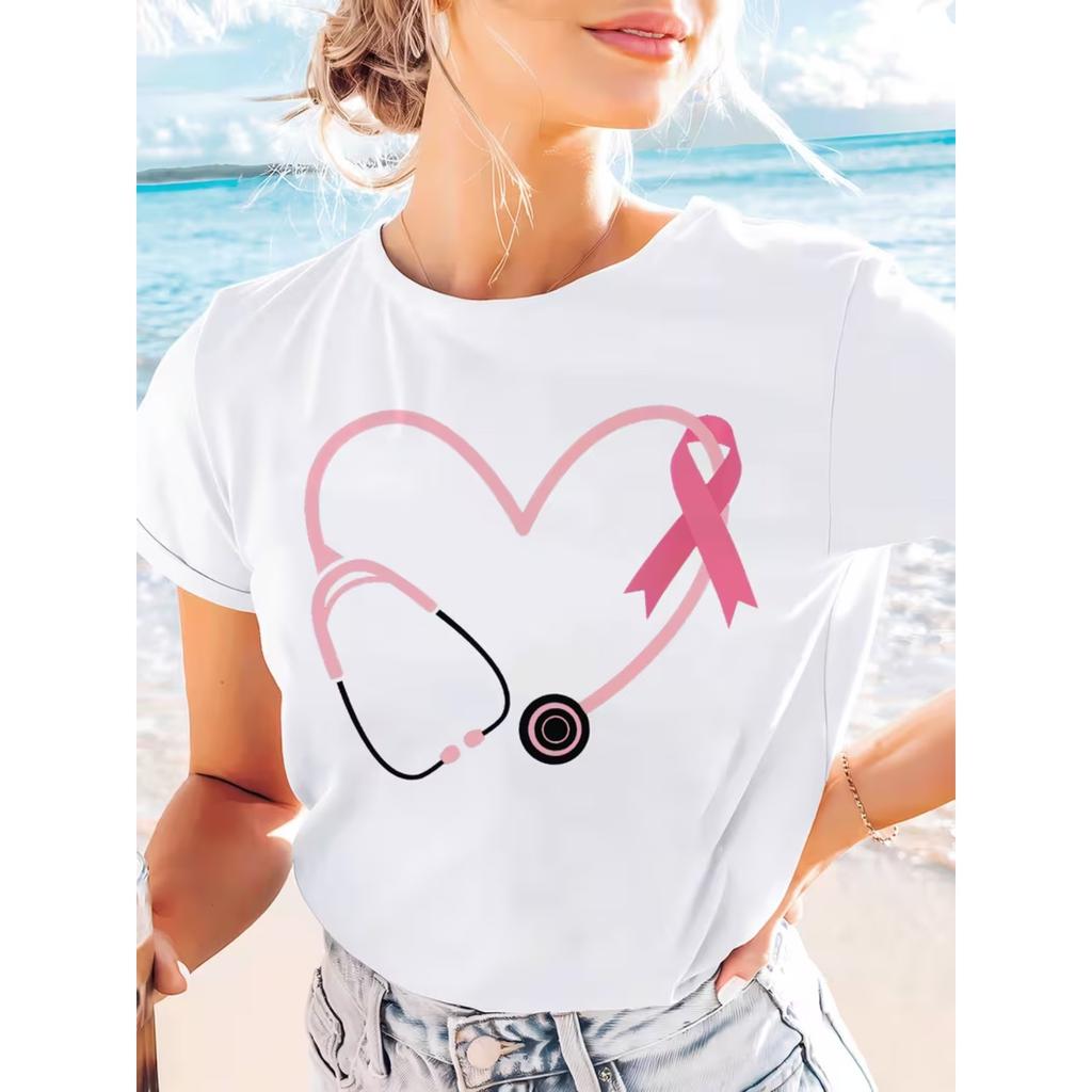 Doctor Nurse Heart Breast Cancer Awareness Graphic Print T-shirt, Short Sleeve Crew Neck Casual Top for Summer & Spring, Women's Clothing