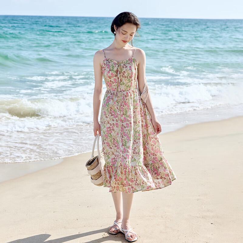 Yinman French Floral Beach A-Line Strappy Dress