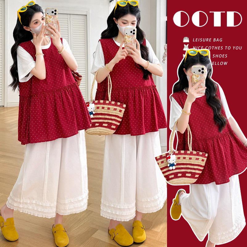2026 Korean Polka Dot Vest & Lace Wide-leg Pants Set 2XL