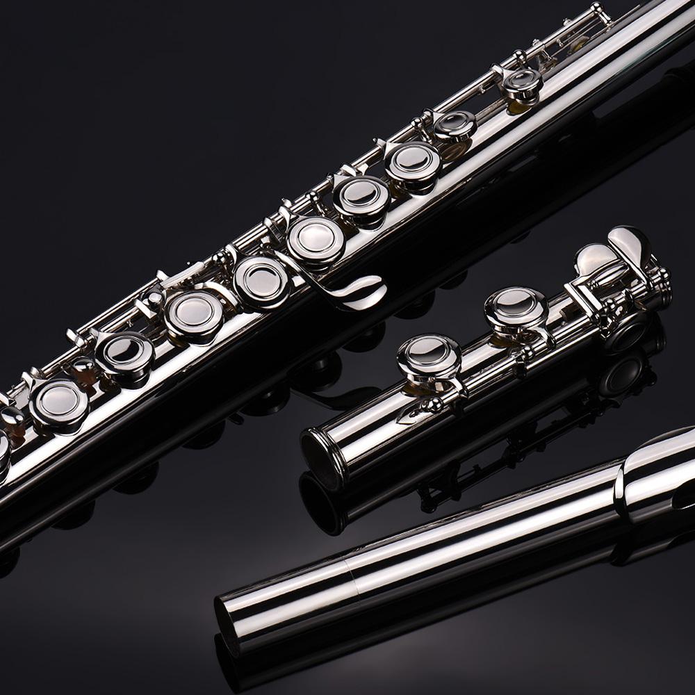 Western Concert Flute Nickel Plated 16 Holes C Key Cupronickel Woodwind Instrument with Cleaning Cloth Stick Gloves