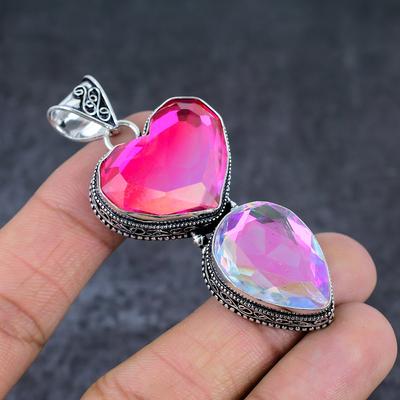 Natural Mystic Topaz Gemstone 925 Sterling Silver Jewelry Pendant 2.64" I8I12