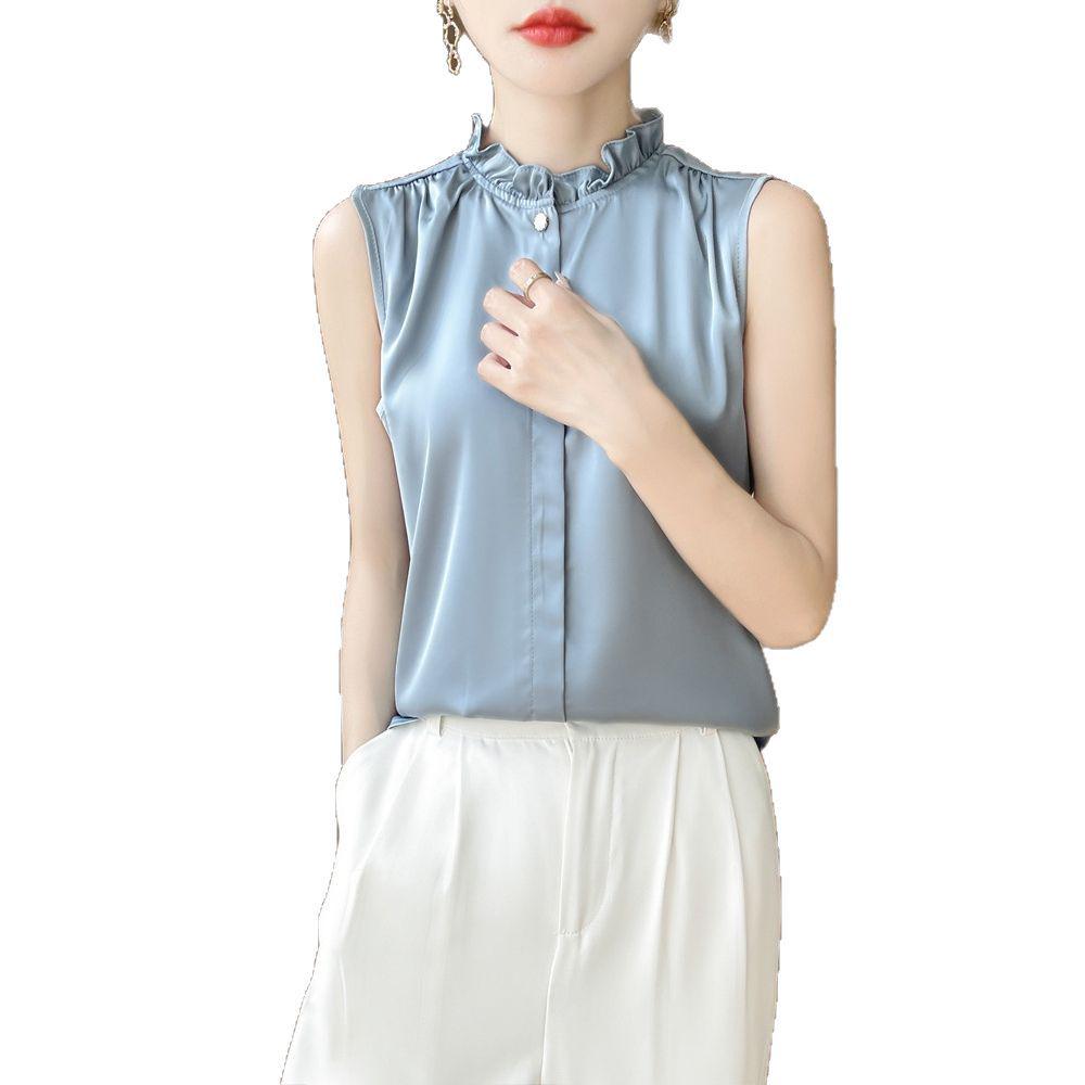 Silky Lotus Leaf Lace Collar Sleeveless Top for Women - Spring/Summer Fashion Layering Essential