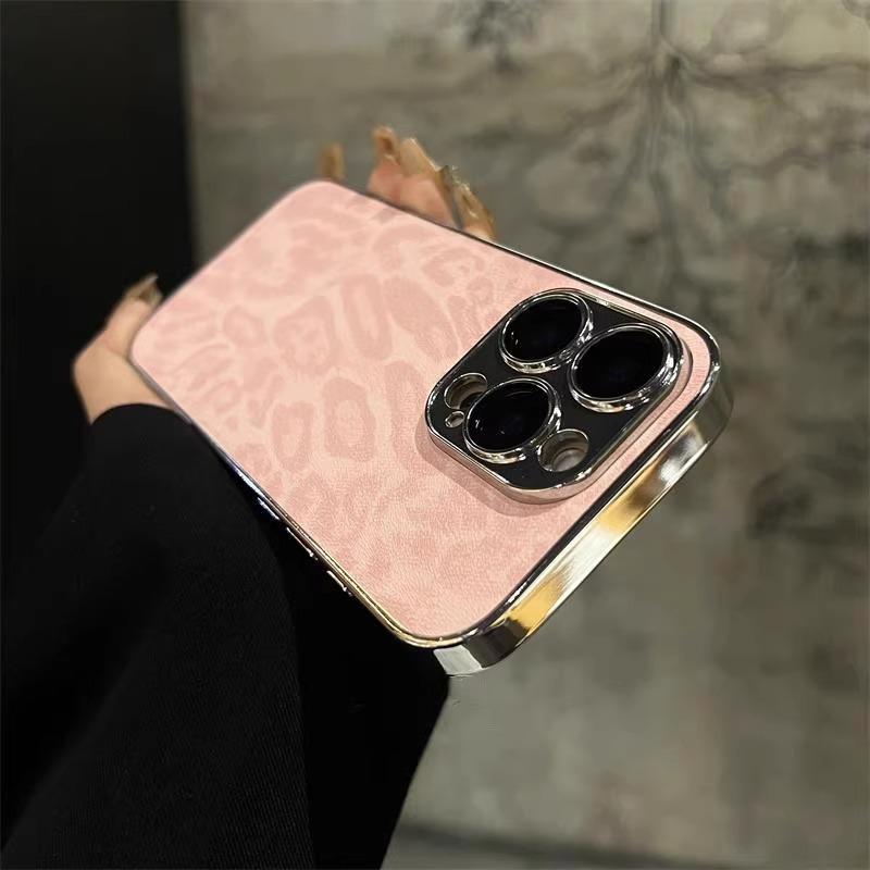 Applicable To Apple IPhone16Promax Leather Electroplating Full Inclusive Mobile Phone Case 15P Leopard Print Ins Comes with Lens Film