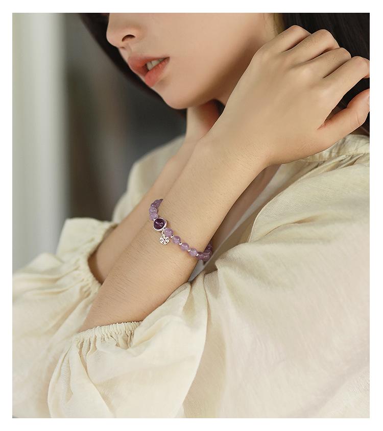 Lavender Amethyst & Purple Jade Snowflake Bracelet, S925 Silver, Natural Crystal Beaded, Simple Ladylike Style.