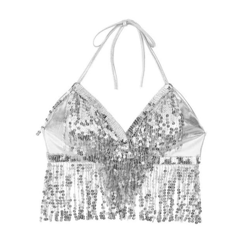 Belly Dance Sequin Fringe Top Nightclub Performance Halter Bra Dance Wear Show Costumes Halter Bra  Performance Top