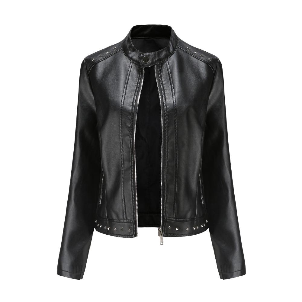 New Rivet Fashion Stand Collar Leather Coat Women's Solid Color Casual Jacket Women's Spring and Autumn Coat Women's Clothing