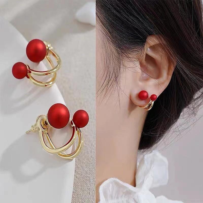 Fashion Temperament Sweet Flower Stud Earrings Women's Red Bow Flower Earrings Versatile Exquisite Daily Atmosphere Earrings
