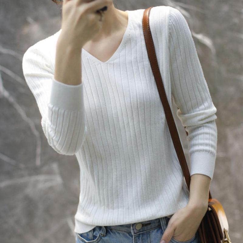 Autumn New Thin Casual Pullover Sweater Women Long Sleeve Base V-neck Knitted Sweater for Women Winter Bottoming Slim Fit Female Knitwear Tops 24744